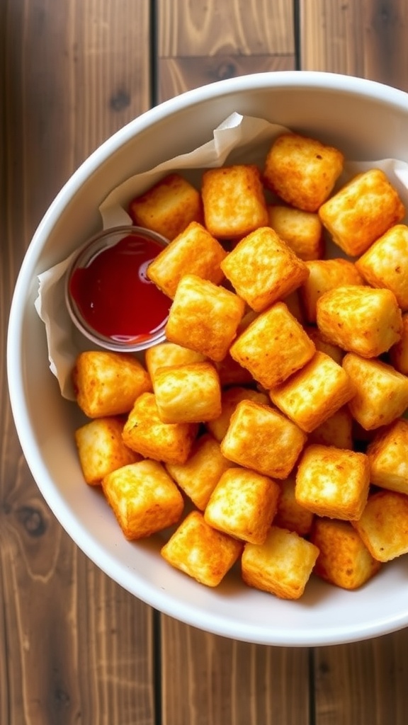 Crispy golden tater tots in a bowl with ketchup on the side.